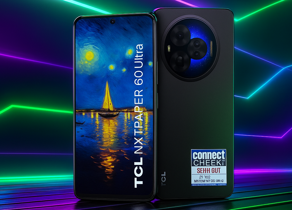 TCL NXTPAPER 60 Ultra sobre escritorio futurista con luces verdes y moradas, mostrando su pantalla NXTPAPER 4.0 con protección ocular y diseño elegante, ideal para artículos de tecnología 2025.