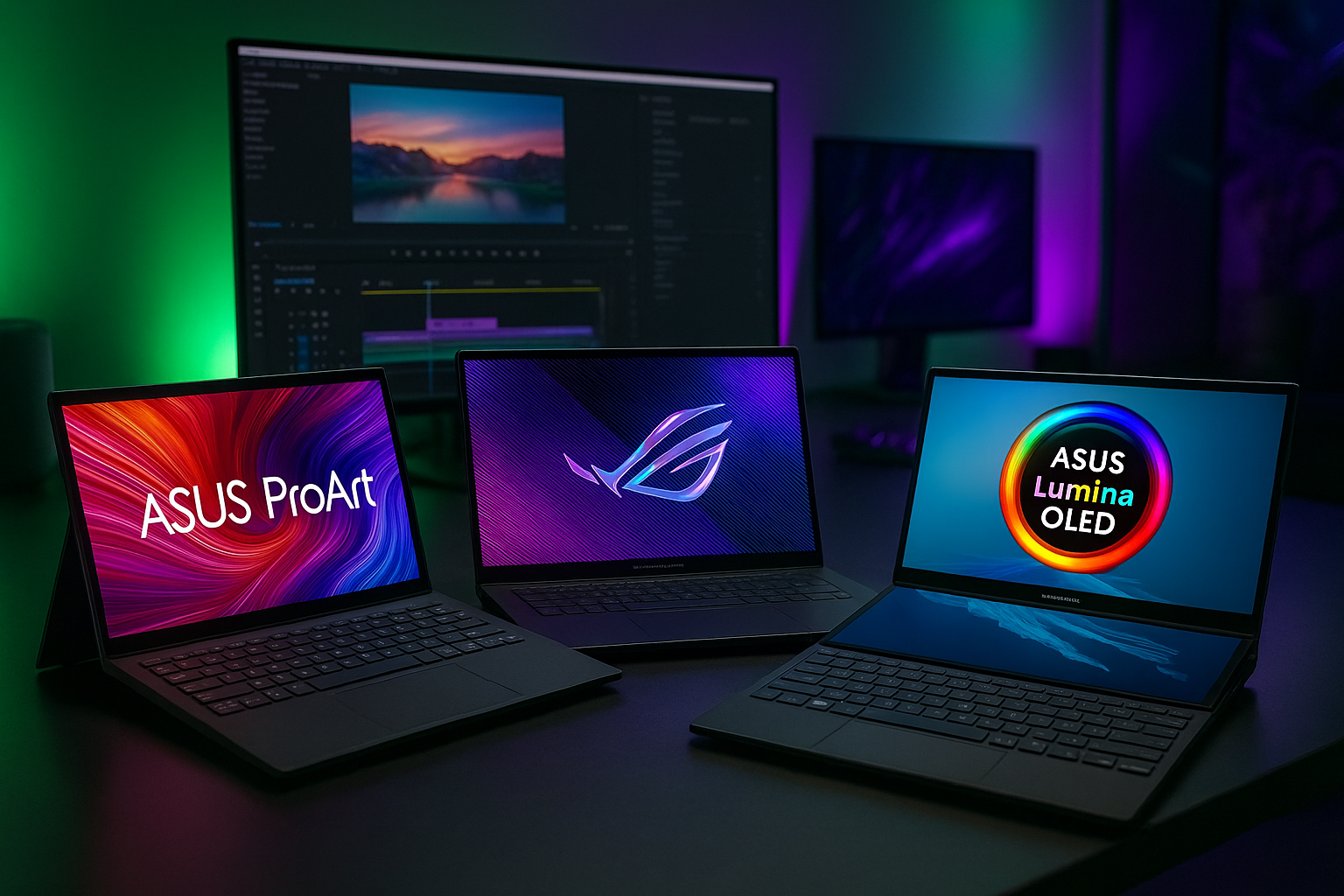 ASUS ROG Zephyrus G16 GU605CM-QR003 y ASUS Zenbook Duo OLED sobre un escritorio moderno con iluminación verde y morada, edición 2025.