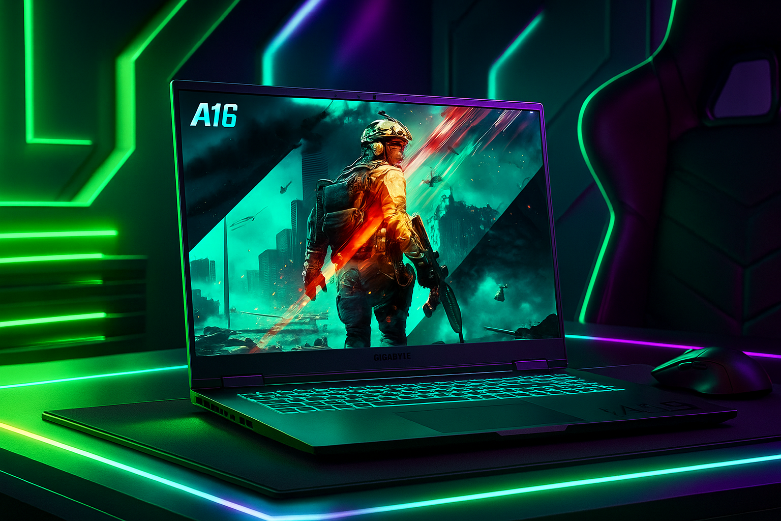 Gigabyte Gaming A16 CWH en escritorio gamer con luces RGB y diseño futurista, portátil con RTX 5070 y pantalla 165 Hz.