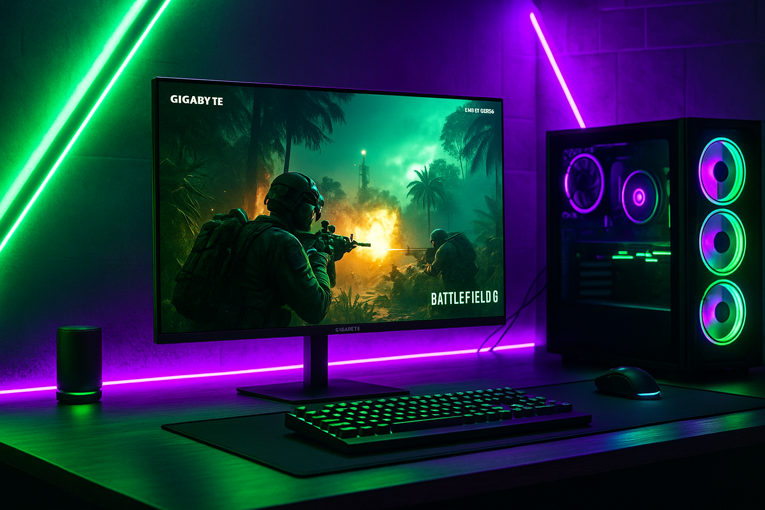 “Gigabyte MO27Q2 OLED QHD monitor gaming 27 pulgadas 240Hz con pantalla HDR True Black 400 en escritorio futurista.”