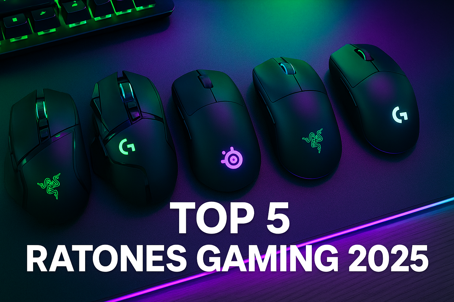 "Cinco ratones gaming con iluminación RGB de marcas como Razer, Logitech y SteelSeries, colocados sobre un escritorio con luces verdes y moradas, acompañados de un teclado retroiluminado. La imagen muestra el texto 'Top 5 Ratones Gaming 2025' en la parte inferior."