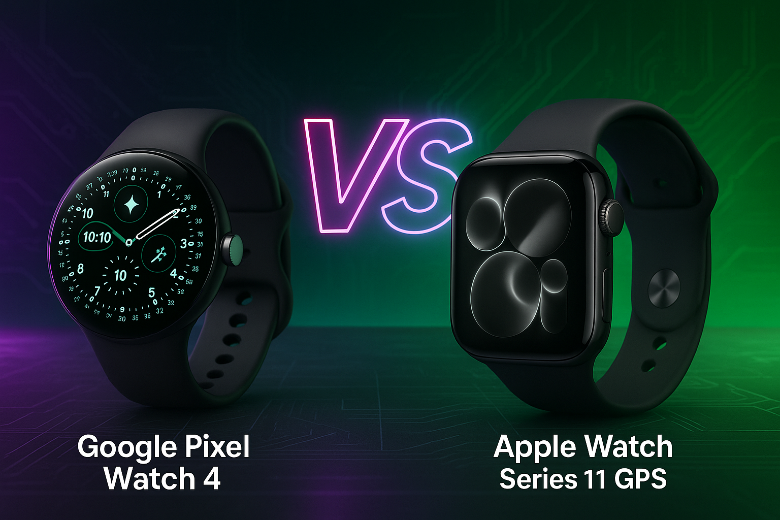 “Comparativa Google Pixel Watch 4 vs Apple Watch Series 11 en 2025 — diseño futurista verde y morado con ambos relojes enfrentados sobre fondo tecnológico.”