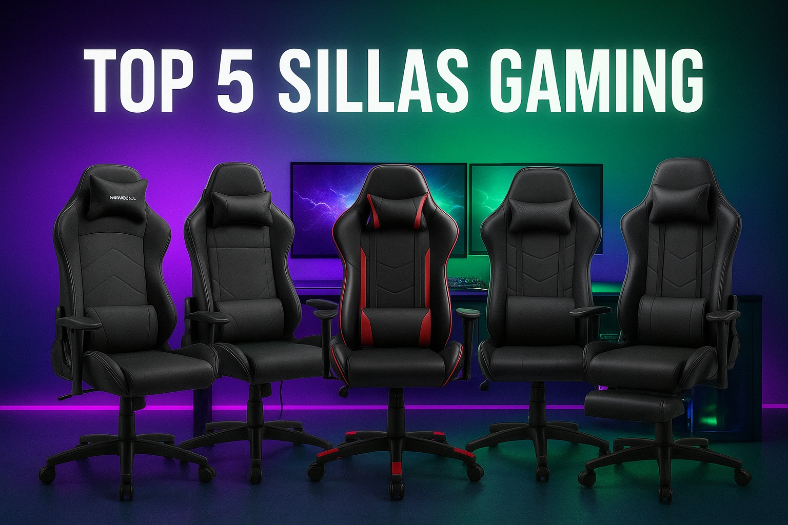 “Cinco sillas gaming modernas en un setup RGB futurista 2025 con luces verdes y moradas.”