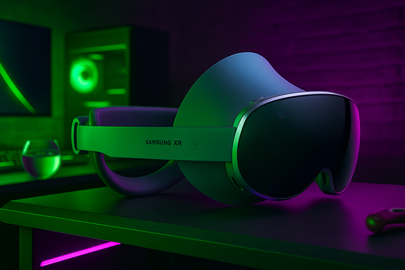 Samsung Galaxy XR en un escritorio futurista con luz verde y morada representando la realidad extendida.