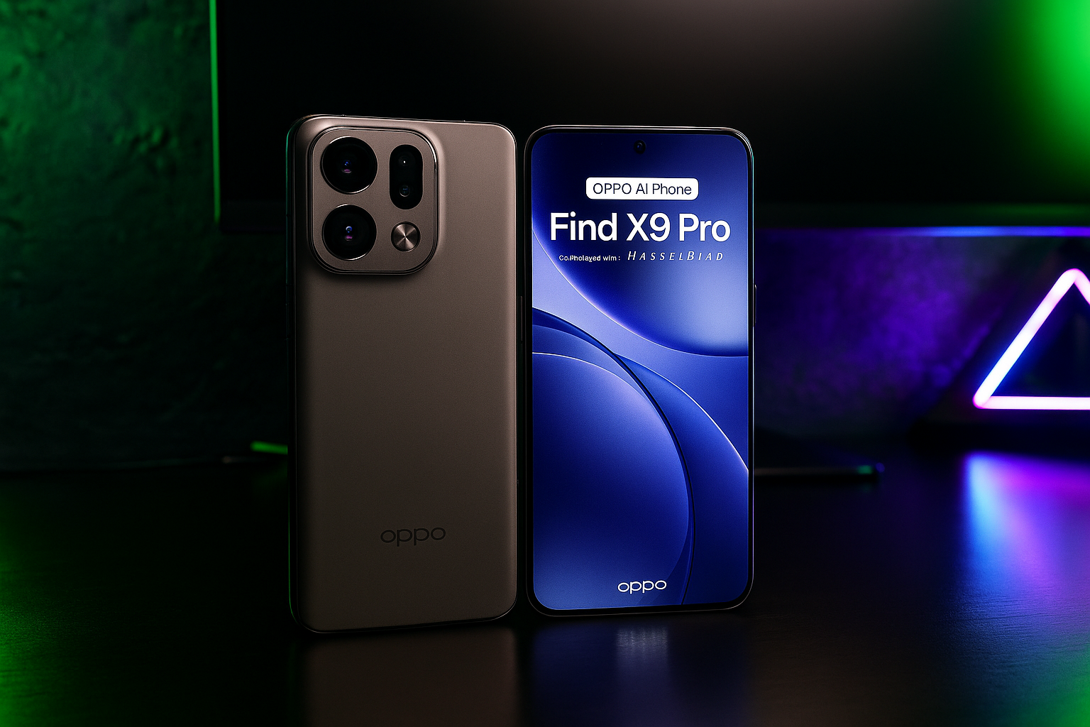 OPPO Find X9 Pro 16GB+512GB en escritorio futurista con luces LED verde y morado.