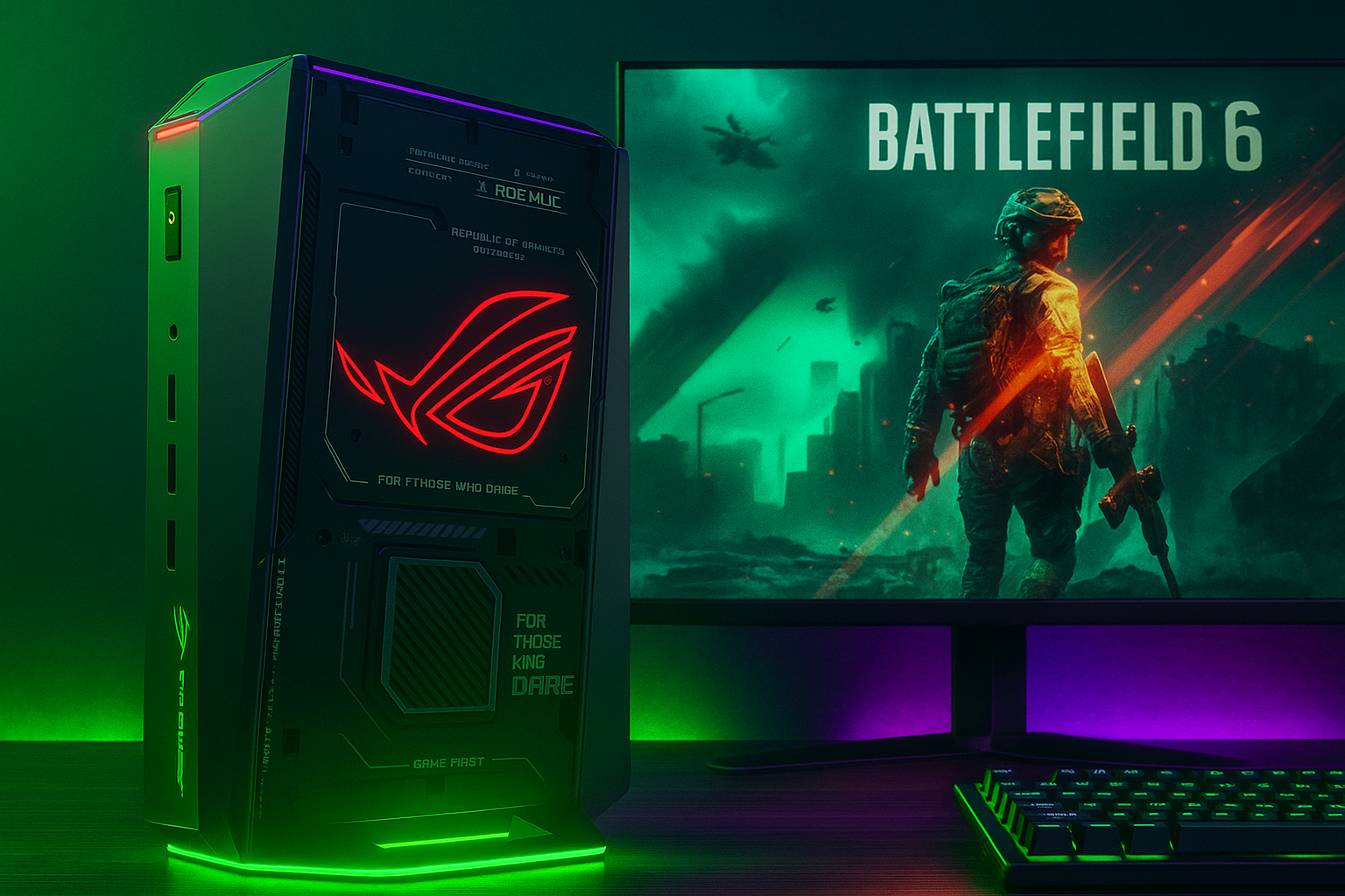 ASUS ROG NUC 2025 Mini PC gaming sobre escritorio futurista con luces RGB