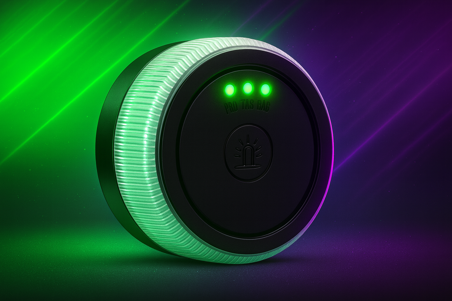 Baliza V16 con geolocalización DGT 3.0 en estilo futurista con tonos verdes y morados.