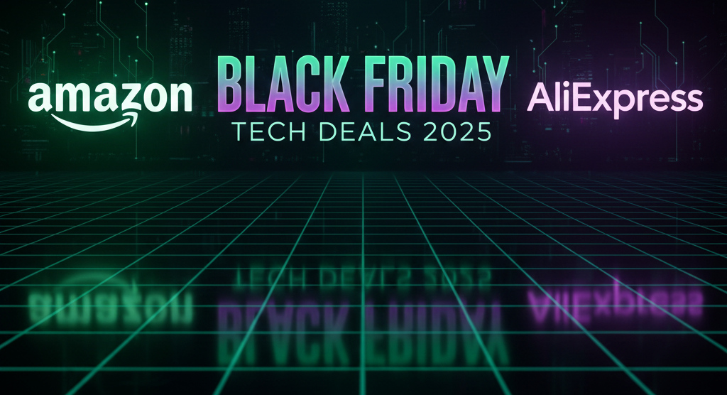 Banner vertical de Black Friday 2025 con diseño tecnológico en tonos neón morados y verdes. Destaca el texto "Black Friday" con los logos de Amazon y AliExpress a los lados, promocionando ofertas en tecnología.