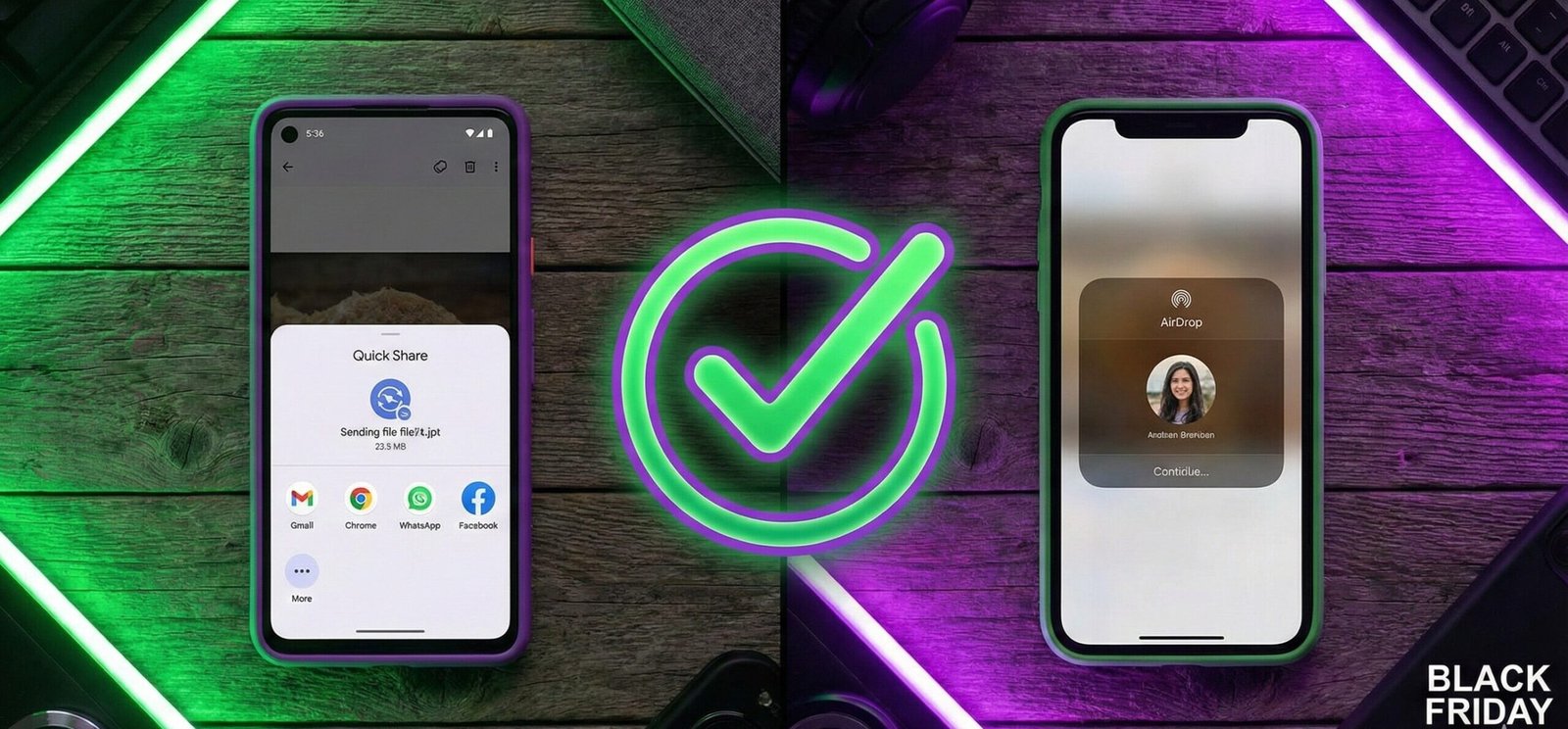 Google Pixel y iPhone con isla dinámica transfiriendo archivos exitosamente con un check verde. Gráfico de compatibilidad entre AirDrop y Android para ofertas de Black Friday 2025.