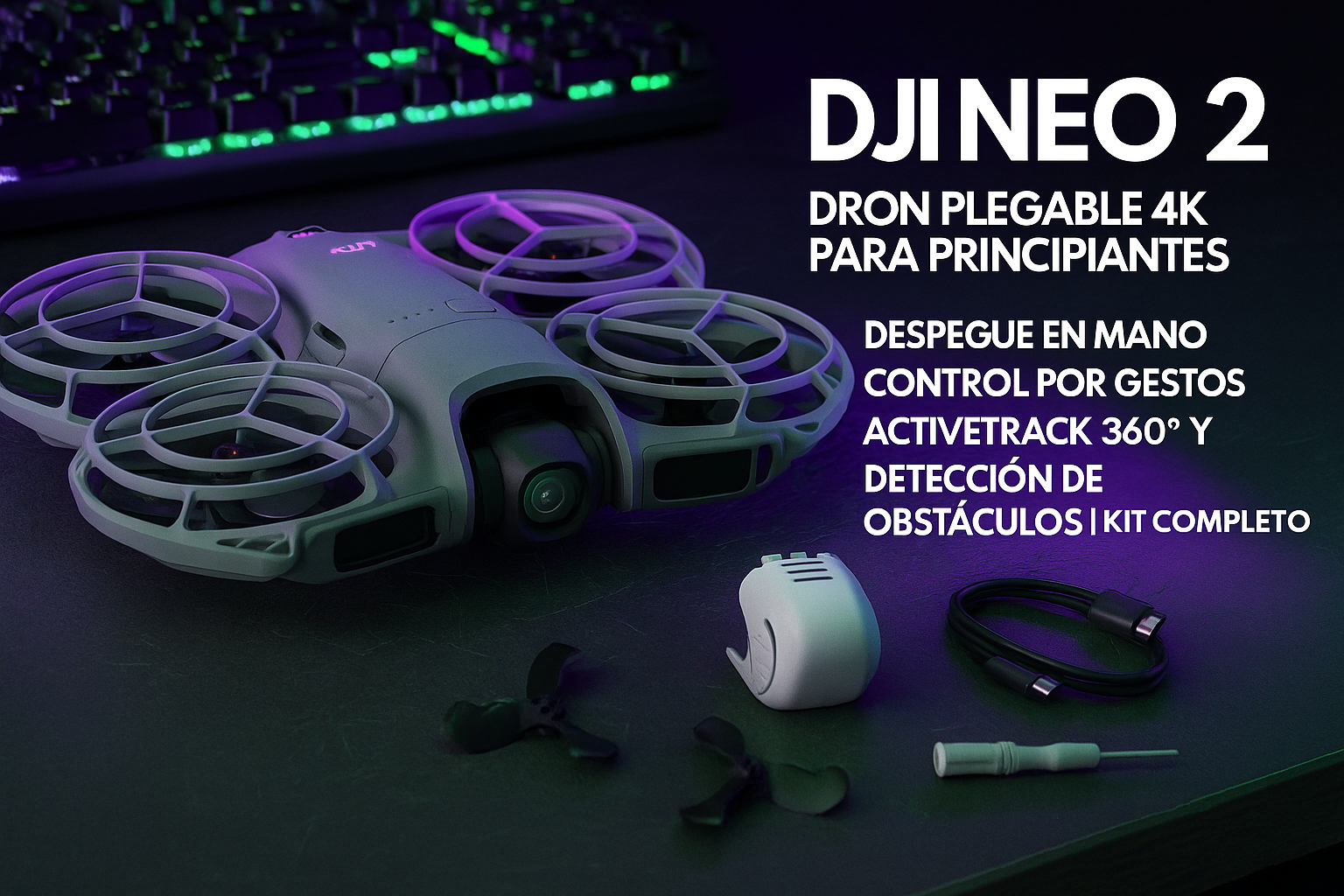 Dron DJI Neo 2 plegable con cámara 4K sobre un escritorio, acompañado del kit completo con batería, hélices y accesorios.