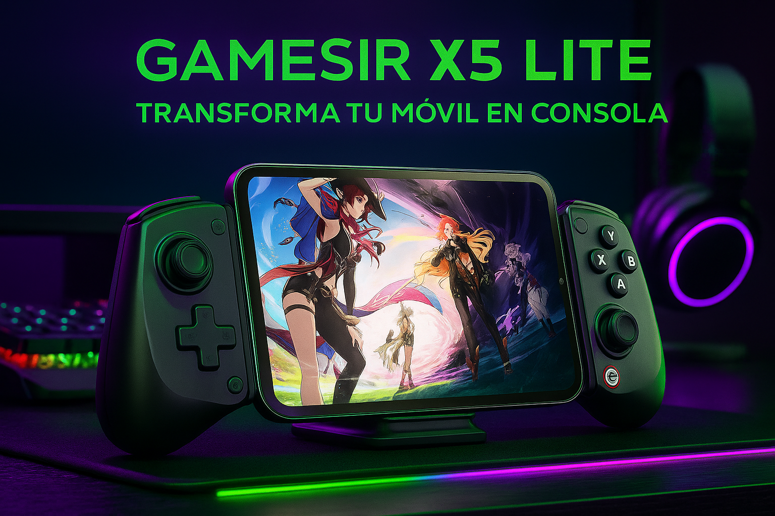 GameSir X5 Lite Mobile Gaming Controller sobre escritorio gamer con luces RGB verde y morado