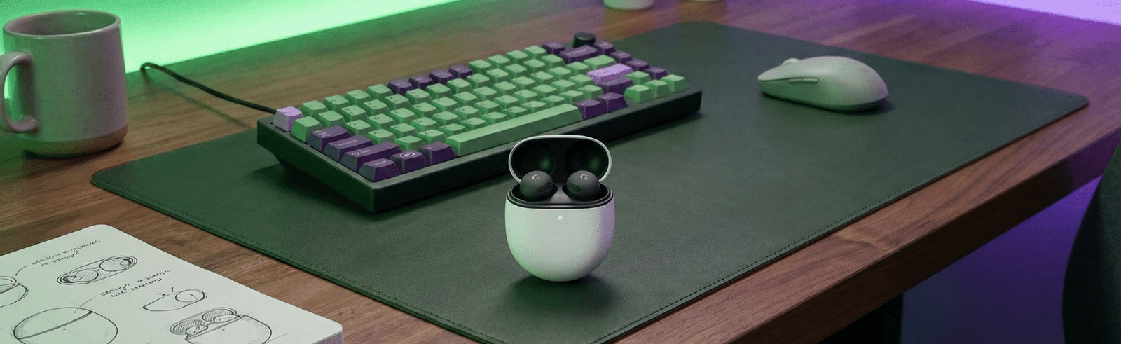 "Imagen vertical en formato Historia de Instagram promocionando el artículo de análisis de los auriculares Google Pixel Buds Pro 2 color obsidiana. Se ve el estuche de carga abierto sobre un escritorio 'gaming' con luces LED verdes y moradas, y un teclado mecánico de fondo. Incluye texto grande que dice 'Análisis: Google Pixel Buds Pro 2 - El Silencio Inteligente', un botón de 'NUEVO POST - DESLIZA PARA LEER' y una encuesta interactiva."