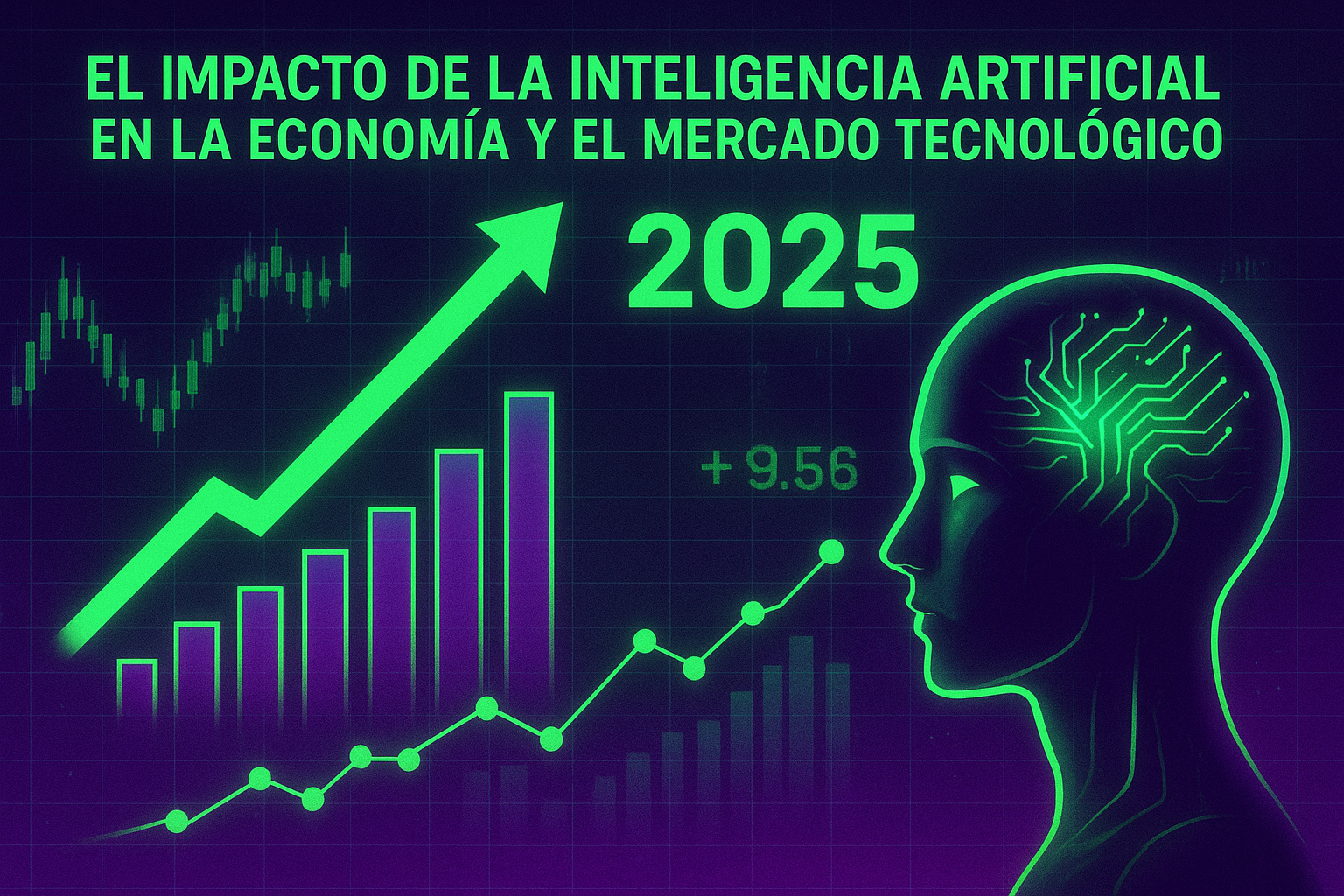Gráficos financieros futuristas con inteligencia artificial iluminando el mercado tecnológico global en 2025