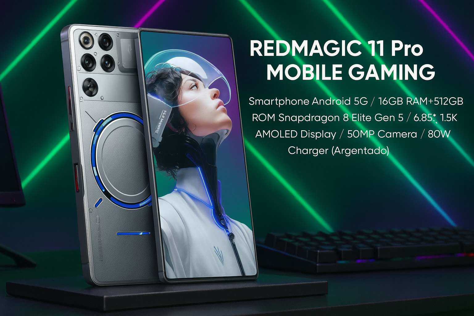 REDMAGIC 11 Pro móvil gaming 144Hz con pantalla AMOLED y Snapdragon 8 Elite Gen 5 en diseño futurista verde y morado