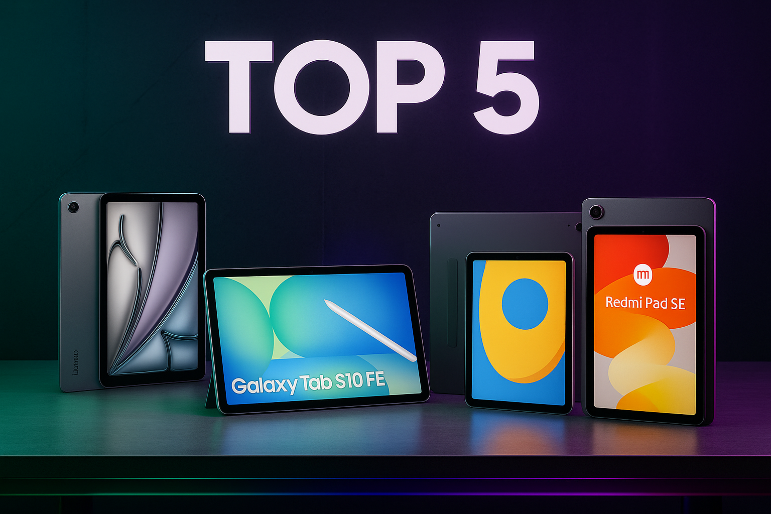 “Top 5 tablets 2025 en Amazon sobre escritorio futurista verde y morado, con iPad Air M2, Galaxy Tab S10 FE, Lenovo Tab Plus y Redmi Pad SE.”