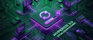 "Ilustración futurista de un microchip con luces de neón verdes y moradas mostrando una barra de progreso de actualización y el texto brillante 'HyperOS 3.0 Actualización Diciembre'.