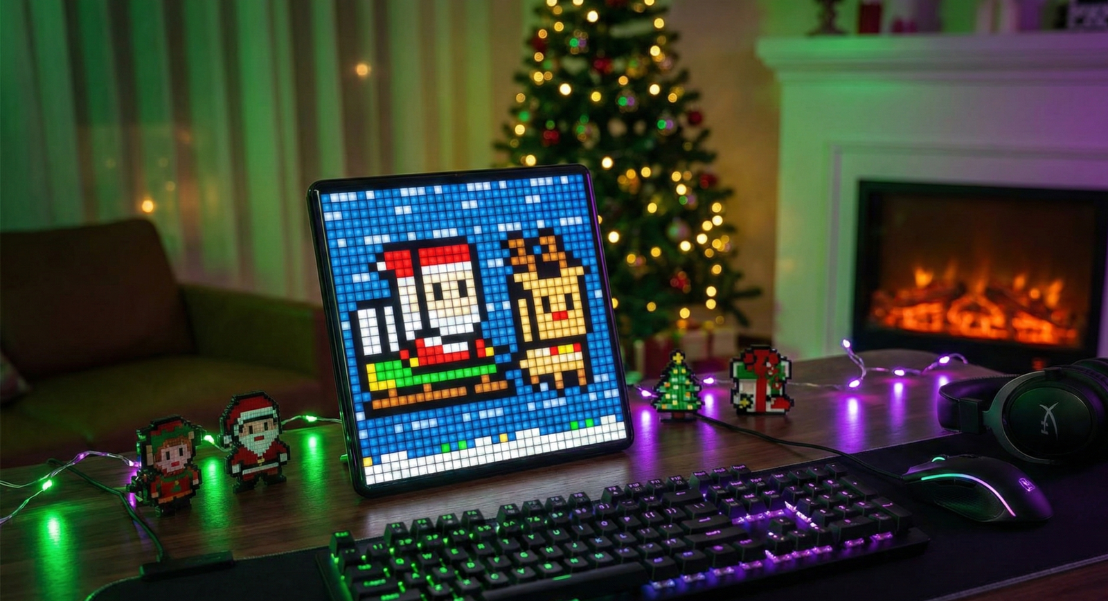 Primer plano vertical de la pantalla LED Divoom Pixoo-MAX sobre un escritorio de madera, mostrando una animación pixelada de Papá Noel y un reno, con luces de Navidad y un árbol desenfocado al fondo.