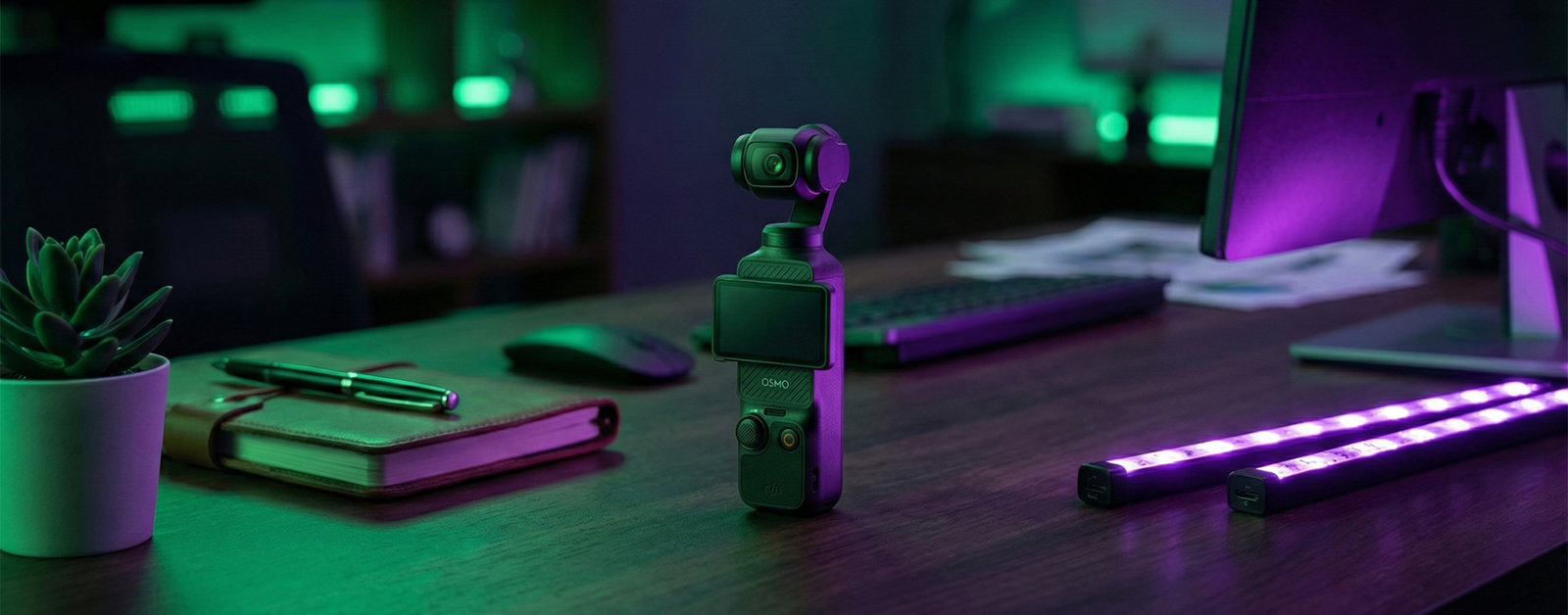 "Cámara DJI Osmo Pocket 3 de pie sobre un escritorio de madera oscuro. El entorno es un setup de creador de contenido iluminado con luces LED dramáticas en tonos verdes a la izquierda y morados a la derecha, con un monitor, teclado y una pequeña planta en el fondo desenfocado."
