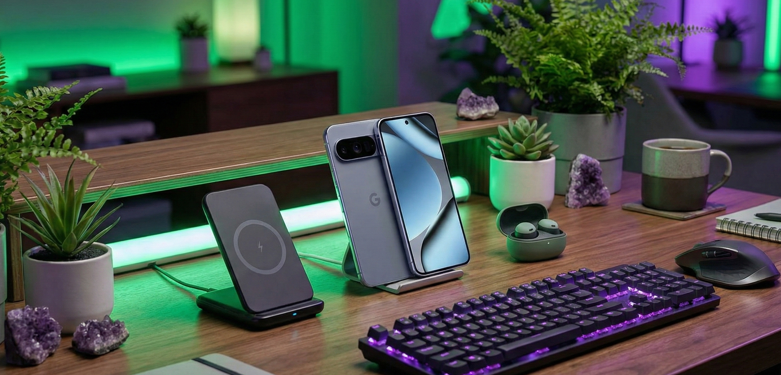 "Google Pixel 10 Pro color Piedra Lunar sobre escritorio de madera con iluminación ambiental LED verde y morada, cargador inalámbrico y plantas. Pantalla encendida mostrando fondo de pantalla azul."