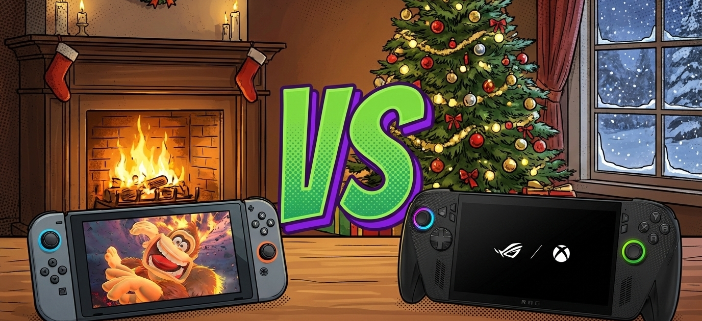 Ilustración estilo cómic para portada de artículo comparativo. A la izquierda la consola Nintendo Switch 2 con el juego Donkey Kong, y a la derecha la ASUS ROG Ally X, separadas por un gran "VS" verde y morado sobre un fondo navideño.