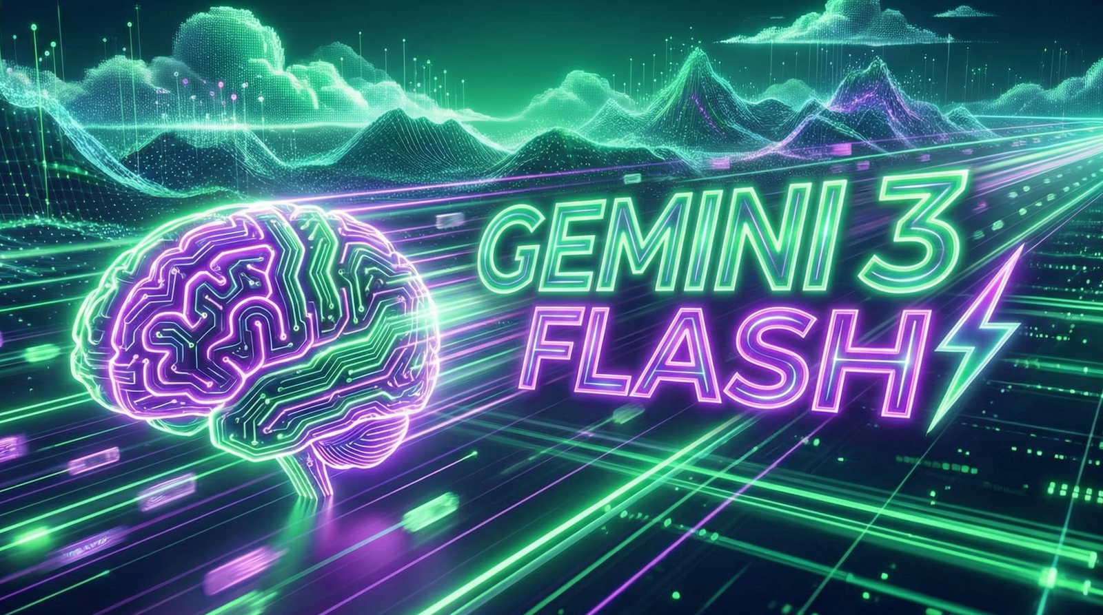 Ilustración futurista en neón verde y morado con texto 'GEMINI 3 FLASH', un cerebro digital y un rayo, representando la velocidad del nuevo modelo de IA de Google lanzado en 2025.