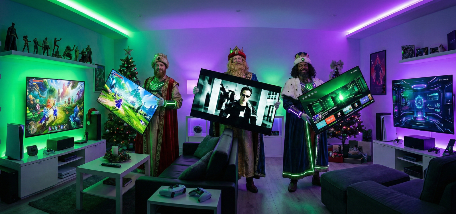 "Los tres Reyes Magos, Melchor, Gaspar y Baltasar, posan en un salón gamer decorado con luces LED navideñas, sosteniendo cada uno un televisor inteligente moderno (tecnologías OLED y QLED) como regalo para 2026."