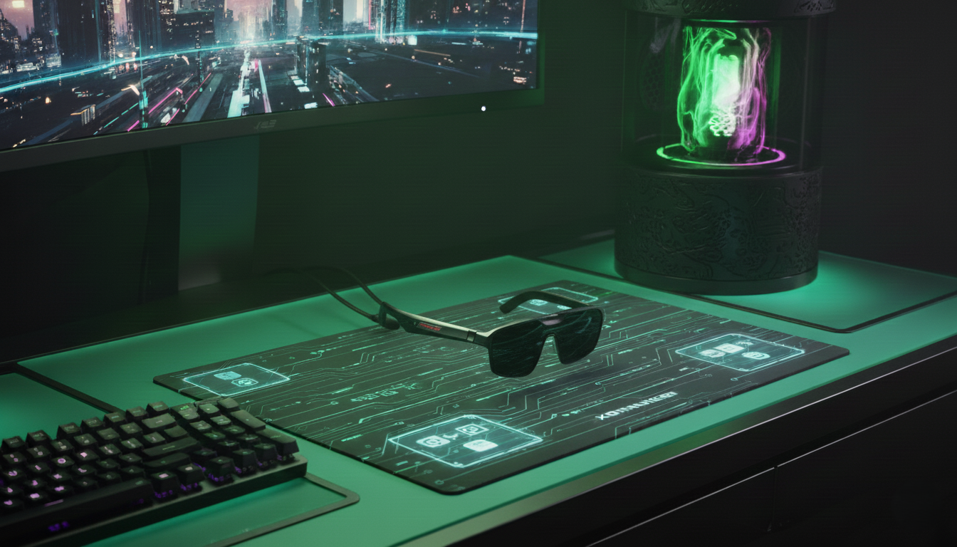 Gafas gaming ASUS ROG Xreal R1 sobre una alfombrilla en un setup futurista con iluminación LED verde y morada.