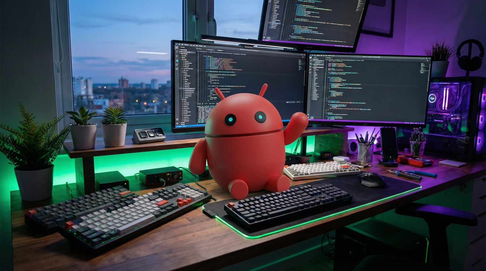 "Ilustración del agente de IA Moltbot (anteriormente conocido como Clawdbot), representado como un robot rojo en un escritorio de programación."