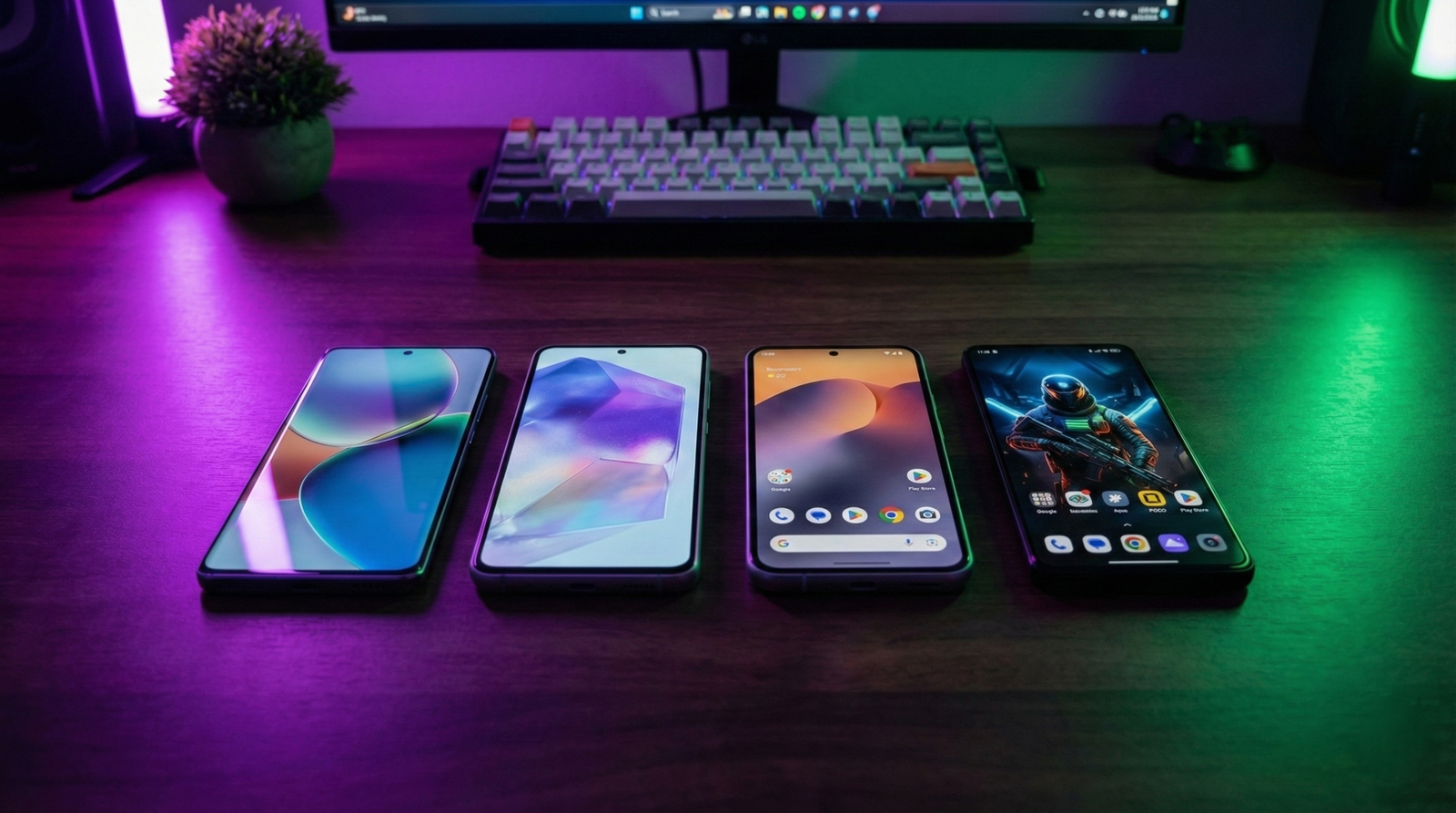 Comparativa visual de los mejores móviles calidad precio 2026 sobre un escritorio. De izquierda a derecha: Samsung Galaxy A56, Google Pixel 9a, Xiaomi Redmi Note 14 Pro+ y POCO F8 Pro.