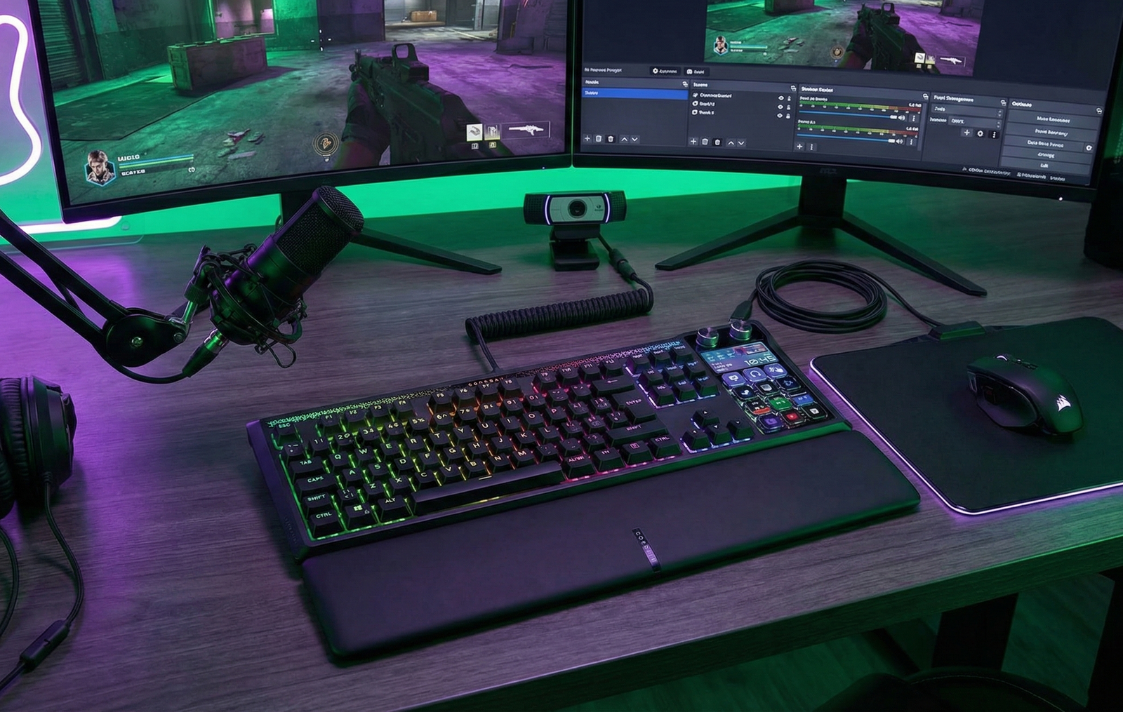 Escritorio gaming con el teclado Corsair Galleon 100 SD RGB, mostrando su integración con Stream Deck y retroiluminación bajo luz ambiental verde y morada.