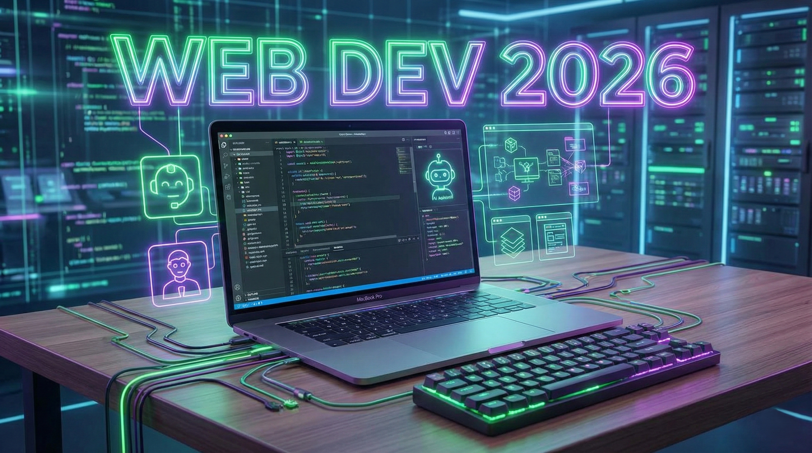 "Ilustración futurista de un escritorio de programación en 2026 con un portátil MacBook Pro, código holográfico en tonos neón verde y morado, interfaces de IA y el texto WEB DEV 2026."