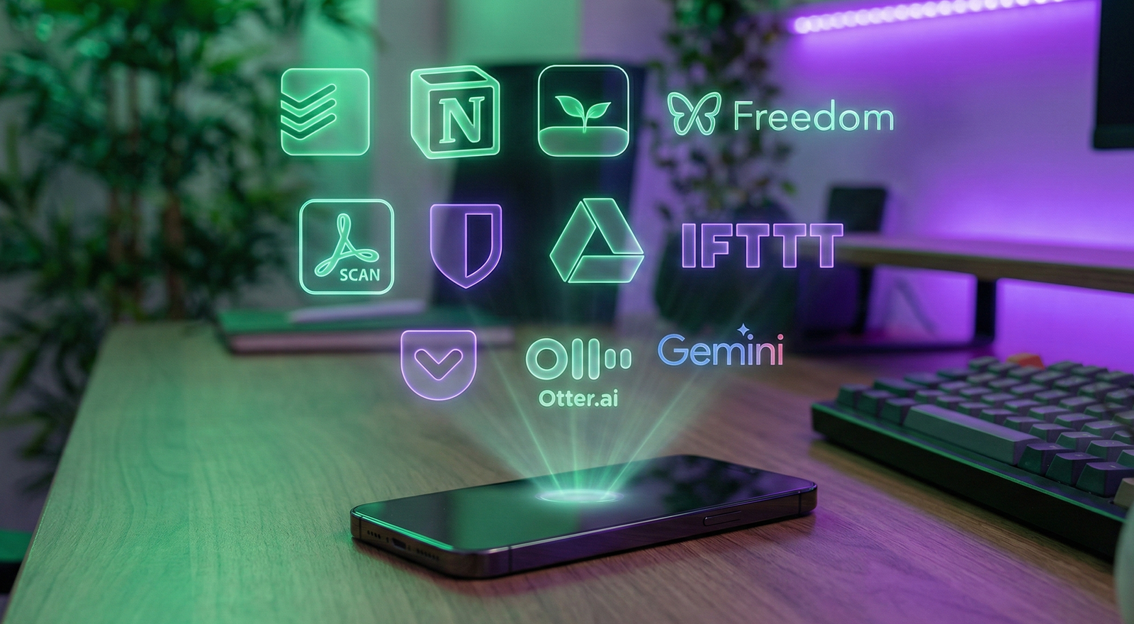 Smartphone futurista (concepto iPhone 17) en un escritorio con iluminación neón, proyectando iconos holográficos de las mejores aplicaciones de productividad de 2026, incluyendo Notion, Todoist, Google Gemini y Forest.