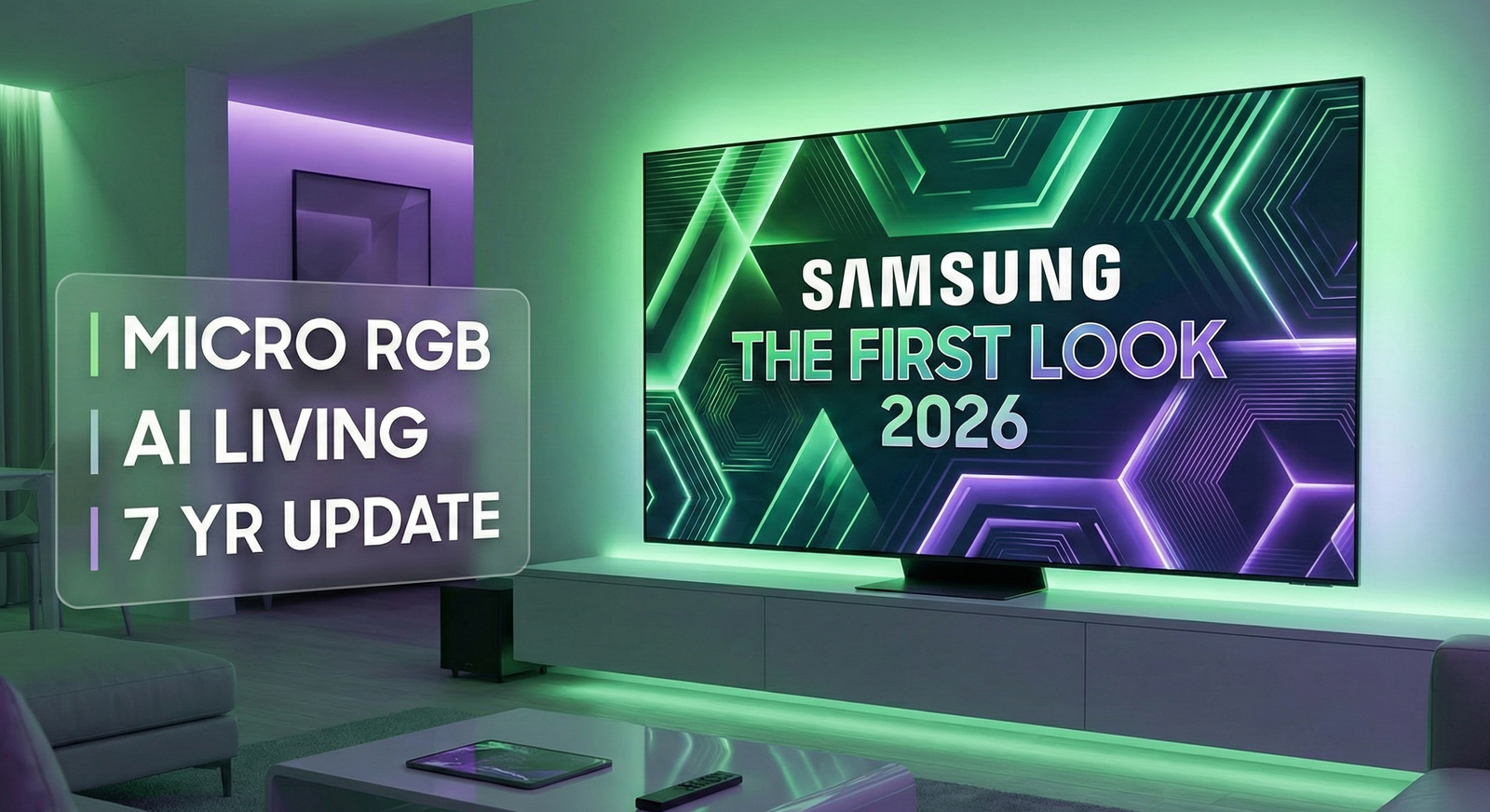 Televisor Samsung Micro RGB con iluminación ambiental verde y morada en un salón moderno, anunciando las novedades del evento 'The First Look 2026', la tecnología AI Living y la promesa de 7 años de actualizaciones.