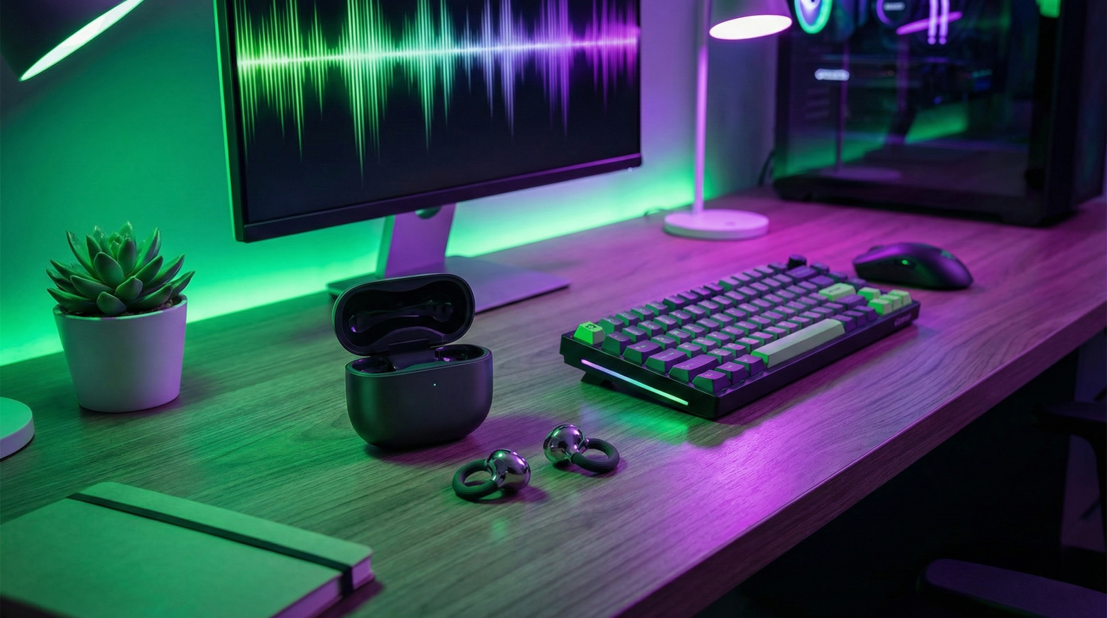 Auriculares inalámbricos HUAWEI FreeClip 2 (diseño open-ear C-bridge) con su estuche abierto y los FreeBuds SE 3, colocados sobre un escritorio de madera con iluminación ambiental neón verde y morada y un monitor mostrando ondas de audio, para su análisis en iaordenadores.com