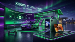 Stand futurista con el ecosistema de Xiaomi en el MWC 2026, mostrando el coche SU7, el smartphone Xiaomi 17 Ultra, la tablet Pad 8 y patinetes eléctricos.