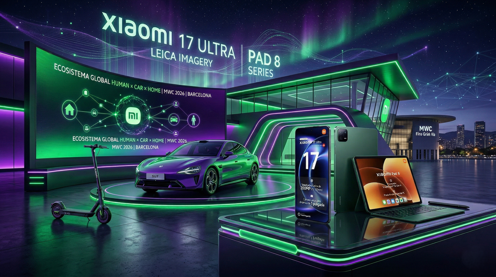 Stand futurista con el ecosistema de Xiaomi en el MWC 2026, mostrando el coche SU7, el smartphone Xiaomi 17 Ultra, la tablet Pad 8 y patinetes eléctricos.