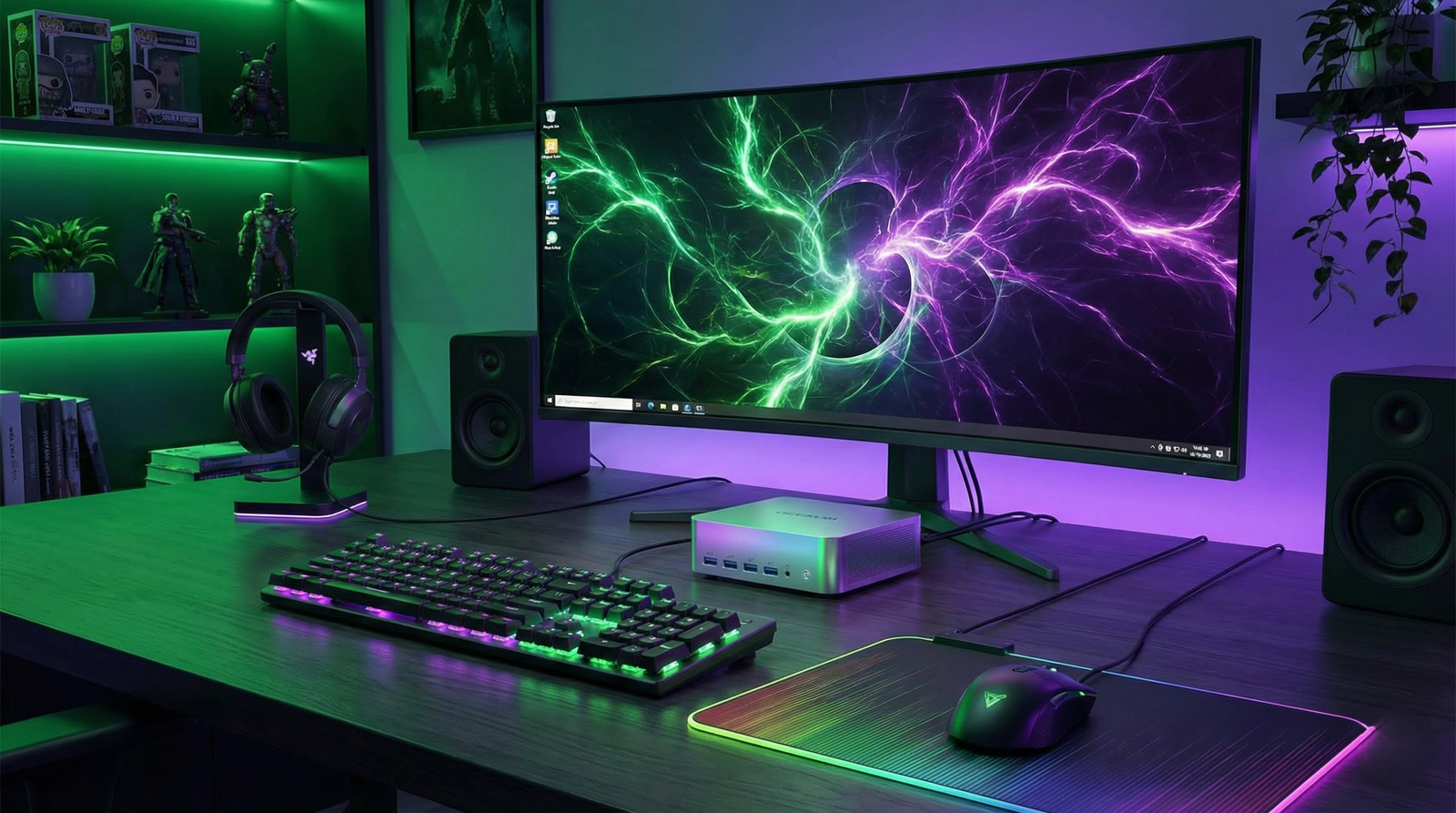 Setup gamer completo con iluminación neón verde y morada, mostrando el Mini PC GEEKOM A9 Max en el centro del escritorio conectado a un monitor ultra ancho con fondo abstracto.