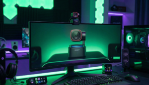 Webcam OBSBOT Tiny 3 Lite PTZ con seguimiento IA montada sobre monitor en un setup gamer con luces neón verdes y moradas, durante un análisis de streaming.