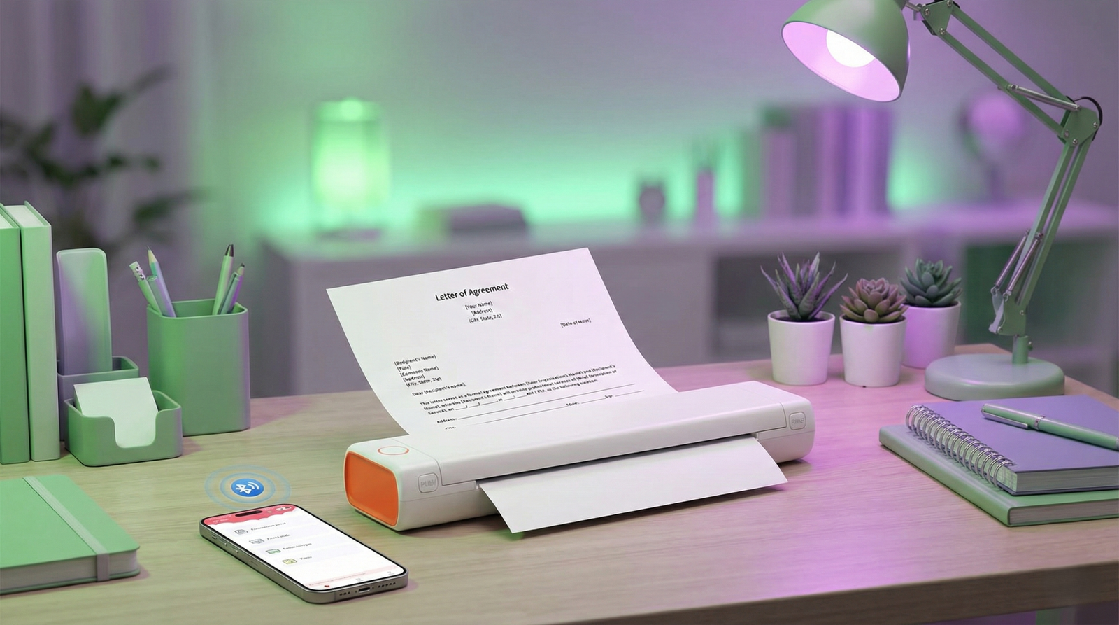 Impresora térmica portátil Phomemo M08F blanca y naranja sobre un escritorio de madera, imprimiendo un contrato en papel A4. A su lado, un smartphone muestra la aplicación de impresión conectada por Bluetooth. La escena tiene iluminación ambiental verde y morada.