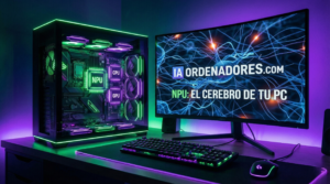 "Setup de PC de sobremesa moderno con iluminación LED verde y morada. Dentro de la torre se destaca un diagrama holográfico brillante de un chip NPU central, flanqueado por chips CPU y GPU, ilustrando el hardware necesario para un AI PC. El monitor muestra redes neuronales y el título del blog."