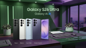 Imagen de portada que muestra cuatro teléfonos Samsung Galaxy S26 Ultra alineados en un escritorio de oficina moderno. El modelo en primer plano es el Violeta Cobalto con la pantalla encendida mostrando un patrón abstracto y texto grande que dice "NUEVO GALAXY S26 ULTRA" y "GALAXY AI". A su lado están los modelos Azul Cielo, Blanco y Negro, con sus nombres escritos debajo en español. Un S Pen está de pie a la derecha. El escritorio tiene paneles verdes acústicos y una vista de la ciudad al anochecer, todo bañado en una iluminación ambiental verde y morada.