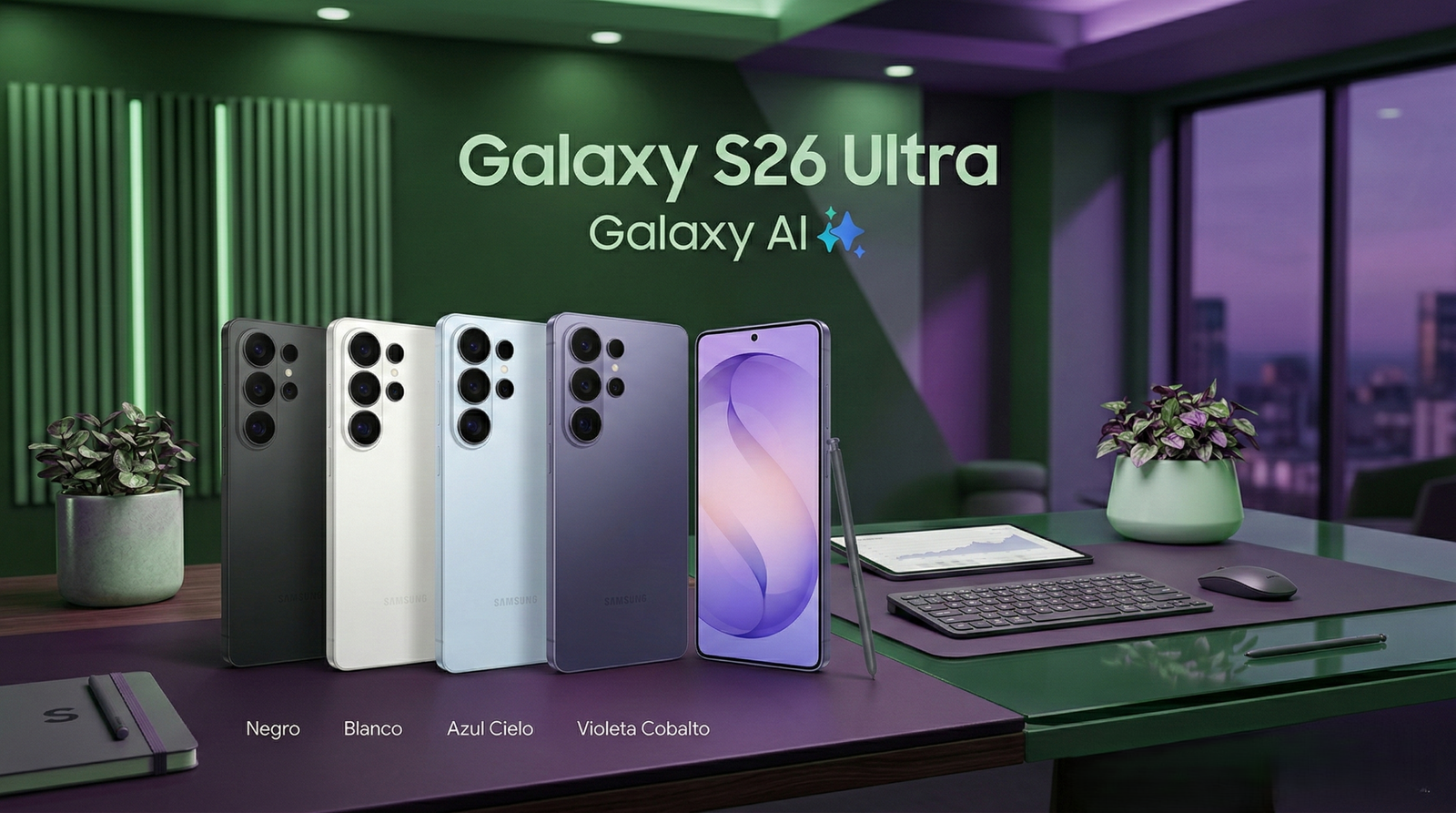 Imagen de portada que muestra cuatro teléfonos Samsung Galaxy S26 Ultra alineados en un escritorio de oficina moderno. El modelo en primer plano es el Violeta Cobalto con la pantalla encendida mostrando un patrón abstracto y texto grande que dice "NUEVO GALAXY S26 ULTRA" y "GALAXY AI". A su lado están los modelos Azul Cielo, Blanco y Negro, con sus nombres escritos debajo en español. Un S Pen está de pie a la derecha. El escritorio tiene paneles verdes acústicos y una vista de la ciudad al anochecer, todo bañado en una iluminación ambiental verde y morada.