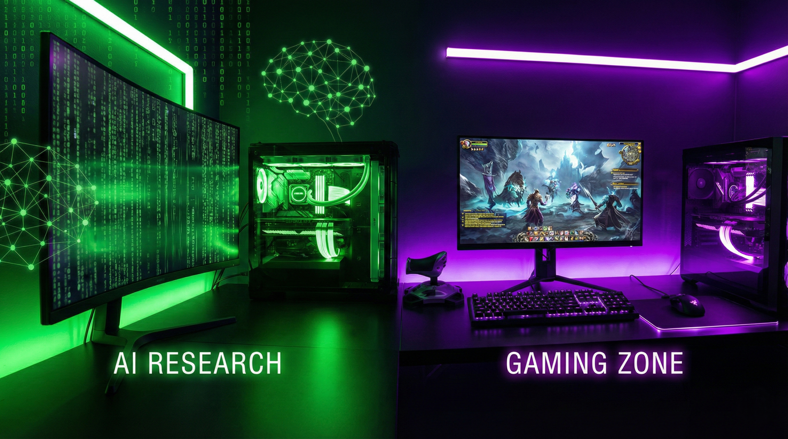 "Setup de escritorio futurista con iluminación dividida. La mitad izquierda, en verde, muestra gráficos de redes neuronales y el texto 'AI RESEARCH'. La mitad derecha, en morado, muestra un videojuego y el texto 'GAMING ZONE', ilustrando un PC híbrido para IA local y juegos."