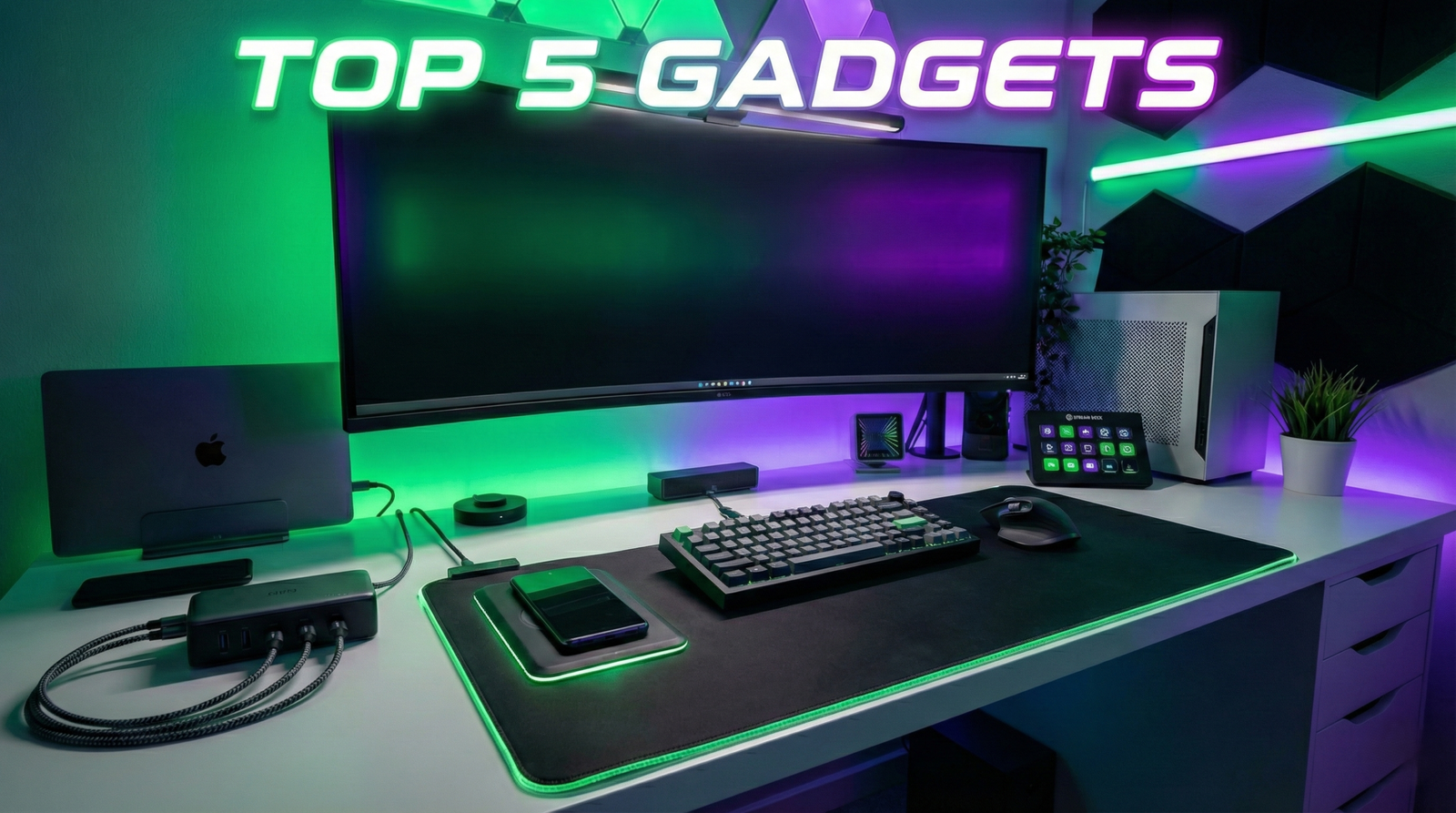 "Setup de escritorio moderno y gamer con los 5 mejores gadgets inteligentes para productividad, iluminado en tonos verdes y morados.