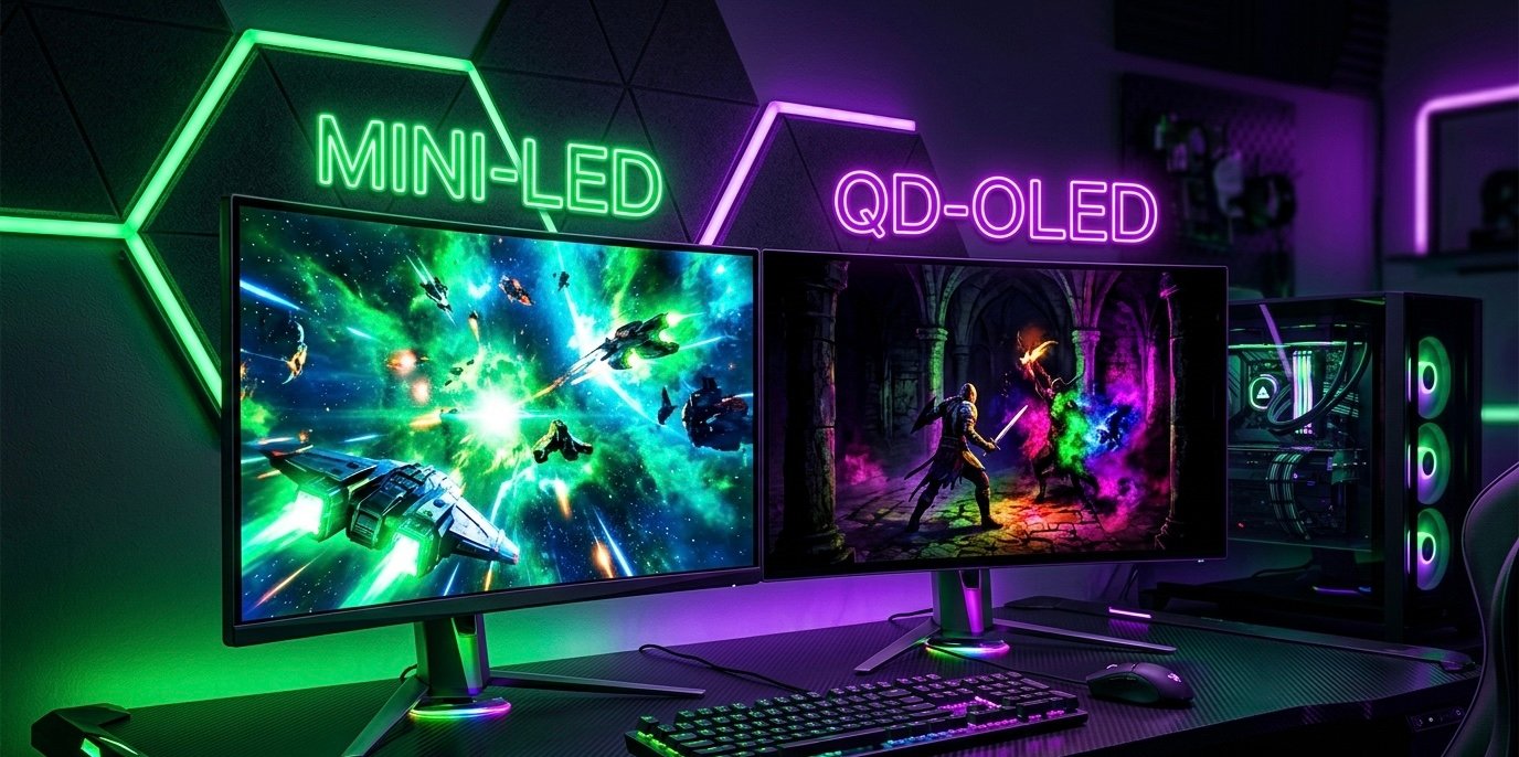 Una setup gaming futurista con dos monitores encendidos lado a lado. A la izquierda, un monitor con un letrero de neón verde 'MINI-LED' muestra una batalla espacial brillante. A la derecha, un monitor con un letrero de neón morado 'QD-OLED' muestra una escena de mazmorra oscura con alto contraste. Fondo con paneles hexagonales de RGB y un PC gaming.