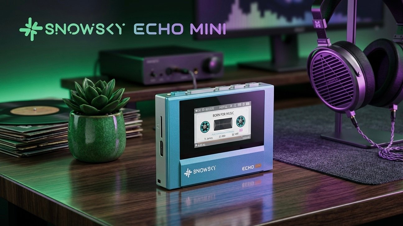 Reproductor MP3 HiFi FiiO SnowSky Echo Mini con interfaz de cassette retro sobre un escritorio de madera, junto a unos auriculares y una planta.
