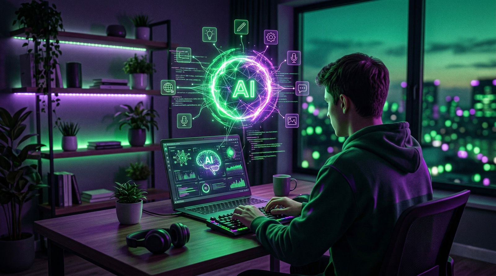 Un usuario operando una computadora portátil moderna en un entorno futurista con iluminación de neón verde y púrpura. Sobre la laptop flota un holograma brillante de red neuronal que dice "AI", rodeado por iconos que representan las herramientas de inteligencia artificial gratuitas para PC analizadas en el artículo.