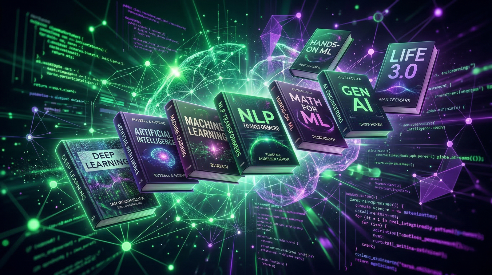 "Top 10 de los mejores libros sobre Inteligencia Artificial, Deep Learning y Machine Learning flotando sobre un fondo de código tecnológico en tonos verdes y morados."