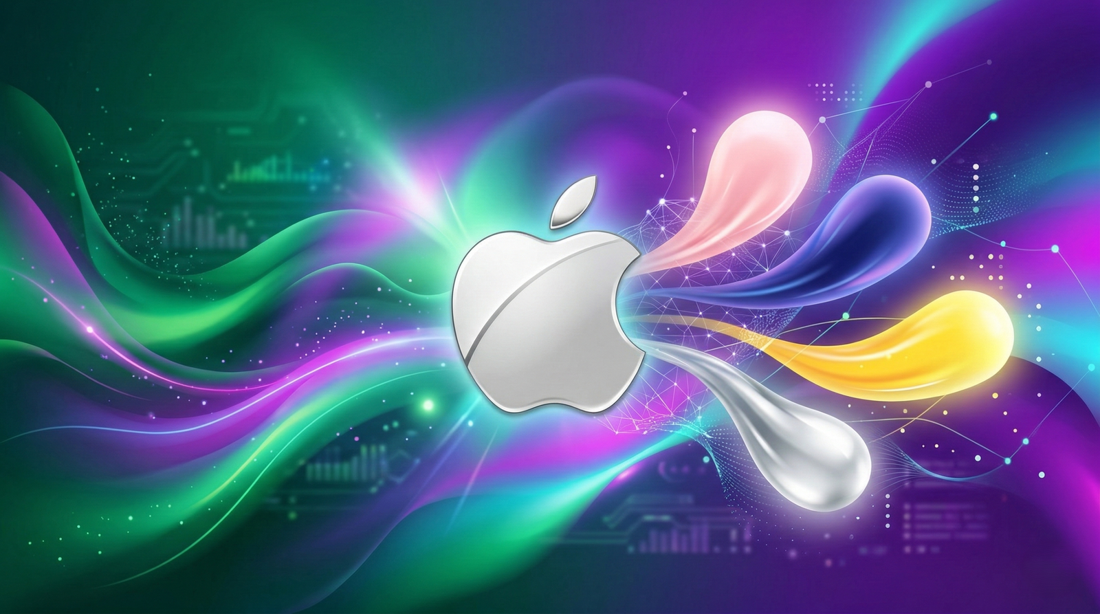 Nuevos productos Apple 2026: composición visual mostrando un fondo de ondas verdes y moradas.