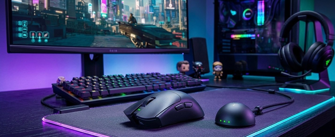 Ratón gaming inalámbrico Razer Viper V4 Pro negro y su receptor HyperPolling sobre una alfombrilla en un escritorio gaming con iluminación RGB verde y morada.